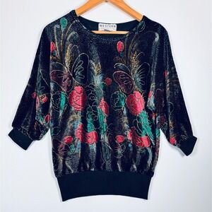Vintage Western Connection Top Small Black Velvet Velour Floral Blouse 90s